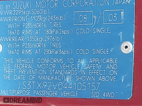 2004 Suzuki XL-7 LX with VIN JS3TX92V044105157, listed as a IAAI auction lot 42036497 with 244,104 mi miles. Bid and sale history available at carsss.com. Image 9.