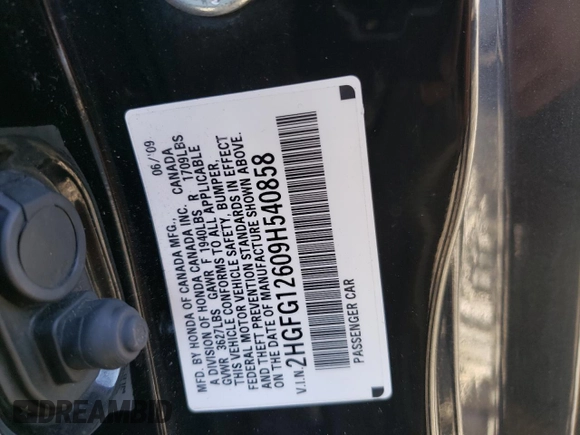 2009 Honda Civic Cpe LX with VIN 2HGFG12609H540858, listed as a Copart auction lot 46926135 with 180,818 mi miles and Salvage Title. Bid and sale history available at carsss.com. Image 12.