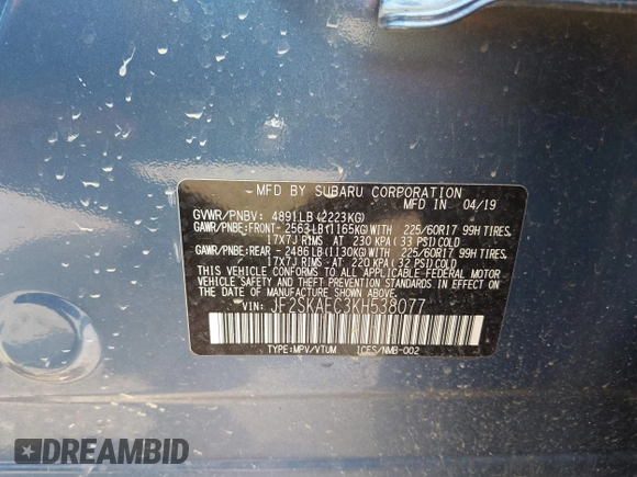 2019 Subaru Forester Premium with VIN JF2SKAEC3KH538077, listed as a IAAI auction lot 41903407 with 64,694 mi miles. Bid and sale history available at carsss.com. Image 9.