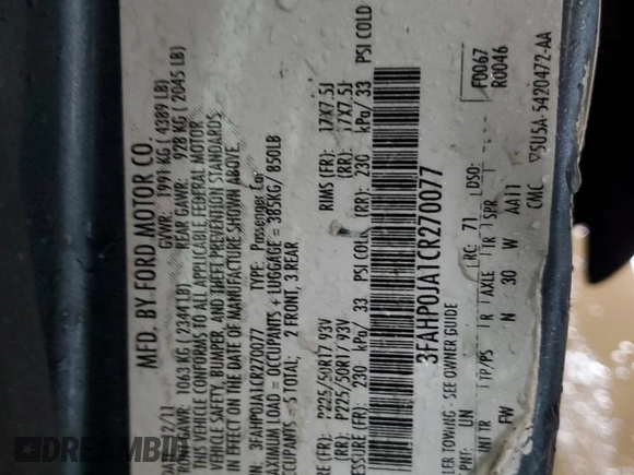 2012 Ford Fusion SEL with VIN 3FAHP0JA1CR270077, listed as a Copart auction lot 69078734 with 154,263 mi miles and Clean Title. Bid and sale history available at DreamBid. Image 13.