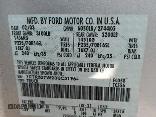 2003 Ford F-150 XL with VIN 1FTRX07W23KC51964, listed as a Copart auction lot 51669715 with Not provided miles and Salvage title. Bid and sale history available at DreamBid. Image 12.