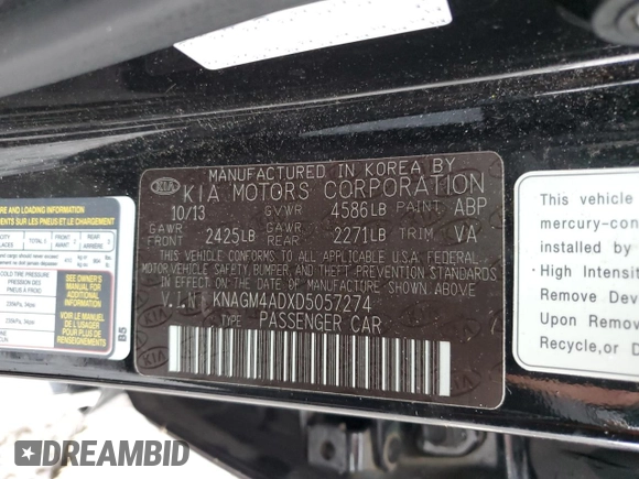 2013 Kia Optima EX with VIN KNAGM4ADXD5057274, listed as a Copart auction lot 73811714 with 138,175 mi miles and Clean title. Bid and sale history available at DreamBid. Image 12.