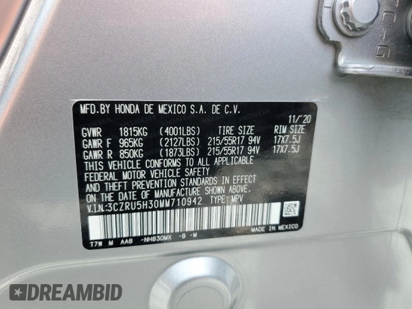2021 Honda HR-V LX with VIN 3CZRU5H30MM710942, listed as a Copart auction lot 65116795 with 42,058 mi miles and Salvage title. Bid and sale history available at DreamBid. Image 14.