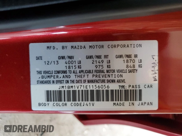2014 Mazda 3 i Touring with VIN JM1BM1V71E1156056, listed as a Copart auction lot 52010625 with 105,811 mi miles and Salvage Title. Bid and sale history available at DreamBid. Image 13.