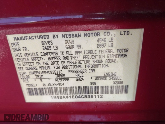 2004 Nissan Maxima SL with VIN 1N4BA41E04C838112, listed as a IAAI auction lot 42164374 with 185,306 mi miles and . Bid and sale history available at DreamBid. Image 9.