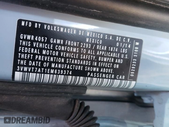 2014 Volkswagen Beetle Turbo R-Line with VIN 3VWVT7AT1EM639374, listed as a Copart auction lot 50230785 with 54,818 mi miles and Salvage Title. Bid and sale history available at DreamBid. Image 14.