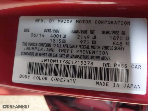 2014 Mazda Mazda3 i SV with VIN JM1BM1T78E1215378, listed as a IAAI auction lot 41772764 with 42,340 mi miles. Bid and sale history available at carsss.com. Image 9.