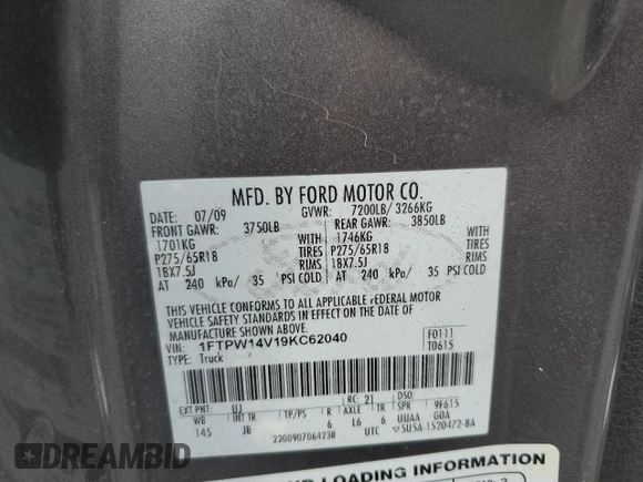 2009 Ford F-150 XL с VIN 1FTPW14V19KC62040, выставлен на аукционе Copart как лот 55815415 с пробегом 292 518 миль миль и Списание • Salvage title. История ставок и продаж доступна на DreamBid. Изображение 12.