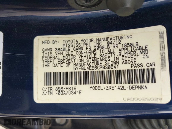 2012 Toyota Corolla L with VIN 5YFBU4EE6CP030641, listed as a IAAI auction lot 41864311 with 102,000 mi miles. Bid and sale history available at carsss.com. Image 9.