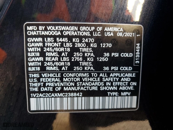 2021 Volkswagen Atlas Cross Sport 2.0T S with VIN 1V2AC2CAXMC238842, listed as a Copart auction lot 88894625 with 13,341 mi miles and Salvage Title. Bid and sale history available at carsss.com. Image 13.
