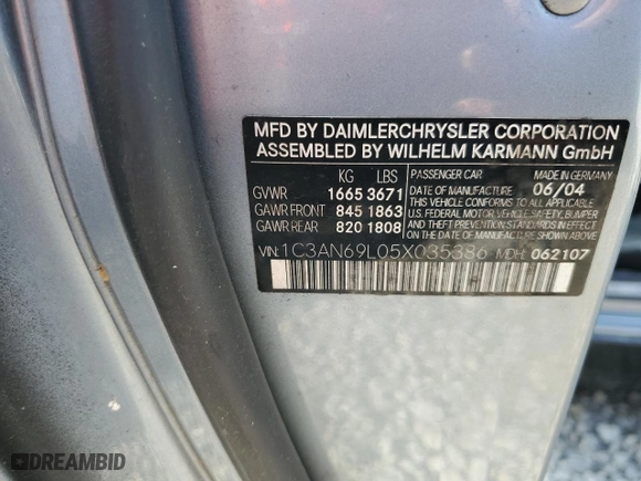2005 Chrysler Crossfire Limited with VIN 1C3AN69L05X035386, listed as a Copart auction lot 70837984 with 36500 miles and Clean Title. Bid and sale history available at carsss.com. Image 12.