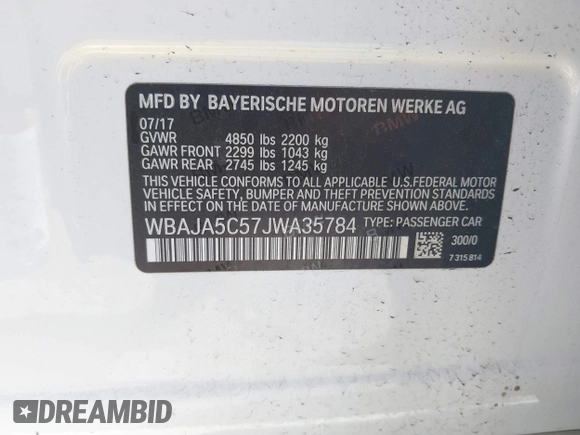 2018 BMW 5 Series 530i with VIN WBAJA5C57JWA35784, listed as a IAAI auction lot 41889468 with 68,471 mi miles and . Bid and sale history available at DreamBid. Image 9.