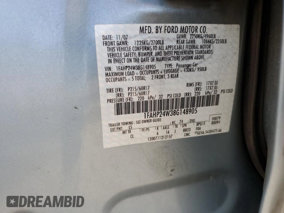 2008 Ford Taurus SEL z VIN 1FAHP24W38G148905, wystawiony jako Copart lot #59186355 z przebiegiem 108 185 mil mil oraz Szkoda całkowita • Salvage title. Historia ofert i sprzedaży dostępna na DreamBid. Obrazek 12.
