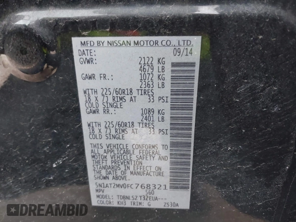 2015 Nissan Rogue SV with VIN 5N1AT2MV0FC768321, listed as a IAAI auction lot 41347423 with 138,960 mi miles. Bid and sale history available at carsss.com. Image 9.