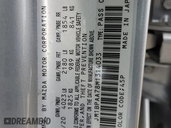 2021 Mazda 3 2.0 with VIN JM1BPAA78M1314033, listed as a Copart auction lot 87725525 with 58,876 mi miles and Salvage Title. Bid and sale history available at DreamBid. Image 13.