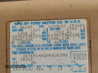 1987 Ford F-150 с VIN 1FTEF14H2HKB06296, выставлен на аукционе Copart как лот 57914035 с пробегом 40 931 миль миль и Чистый • Clean title. История ставок и продаж доступна на DreamBid. Изображение 12.