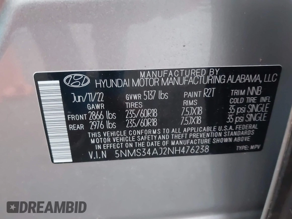 2022 Hyundai Santa Fe SEL z VIN 5NMS34AJ2NH476238, wystawiony jako IAAI lot #42119497 z przebiegiem 23 883 mil mil oraz . Historia ofert i sprzedaży dostępna na DreamBid. Obrazek 9.