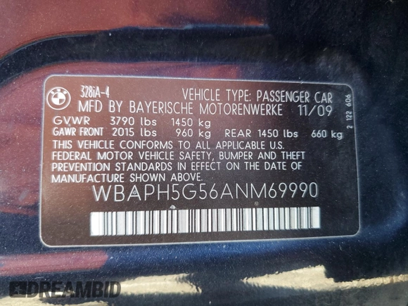 2010 BMW 3 Series 328i with VIN WBAPH5G56ANM69990, listed as a Copart auction lot 87409244 with 111,058 mi miles and Salvage Title. Bid and sale history available at DreamBid. Image 14.