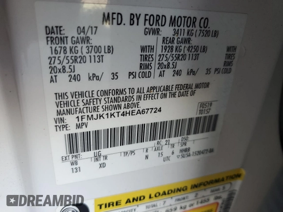 2017 Ford Expedition Max Limited with VIN 1FMJK1KT4HEA67724, listed as a Copart auction lot 47020515 with 180,858 mi miles and Salvage title. Bid and sale history available at DreamBid. Image 15.