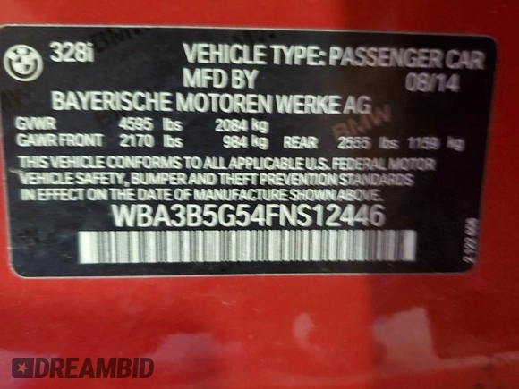 2015 BMW 3 Series 328i xDrive with VIN WBA3B5G54FNS12446, listed as a Copart auction lot 52580375 with 111,237 mi miles and Salvage Title. Bid and sale history available at carsss.com. Image 12.
