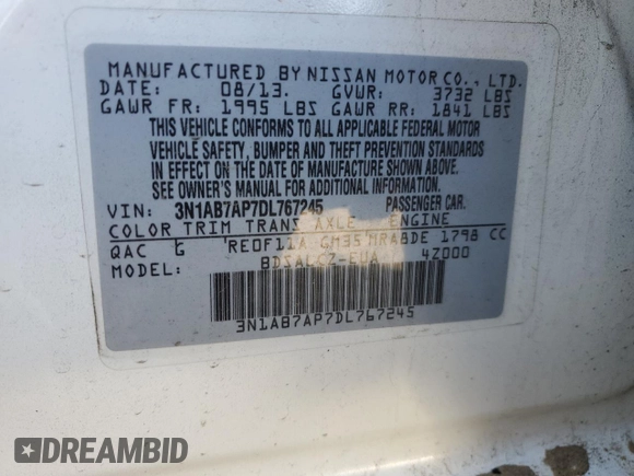 2013 Nissan Sentra FE+ S with VIN 3N1AB7AP7DL767245, listed as a Copart auction lot 46358725 with 61,035 mi miles and Salvage Title. Bid and sale history available at DreamBid. Image 14.