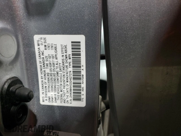 2016 Honda CR-V EX with VIN 2HKRM4H53GH627274, listed as a Copart auction lot 41505185 with 64,200 mi miles and Salvage Title. Bid and sale history available at DreamBid. Image 14.