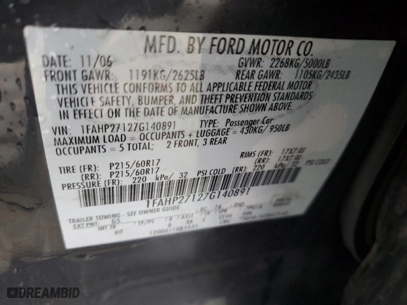 2007 Ford Five Hundred SEL with VIN 1FAHP27127G140891, listed as a Copart auction lot 43459305 with 182,264 mi miles and Salvage Title. Bid and sale history available at carsss.com. Image 12.