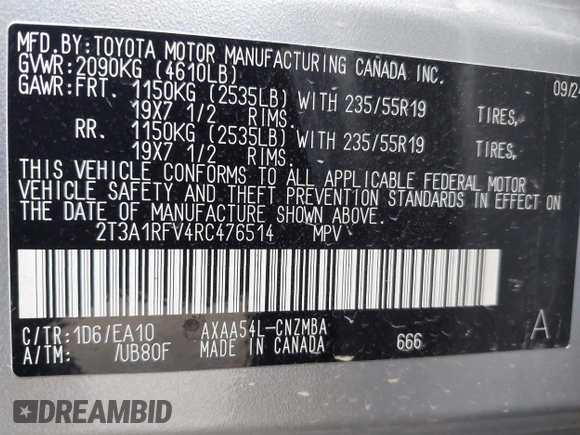 2024 Toyota RAV4 XLE Premium with VIN 2T3A1RFV4RC476514, listed as a IAAI auction lot 40829477 with 2,482 mi miles. Bid and sale history available at carsss.com. Image 9.