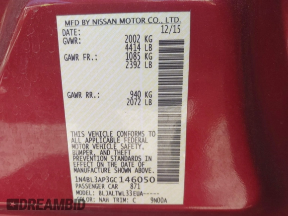 2016 Nissan Altima SR with VIN 1N4BL3AP3GC146050, listed as a IAAI auction lot 42133511 with 72,528 mi miles and . Bid and sale history available at carsss.com. Image 9.