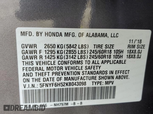 2019 Honda Pilot EX-L with VIN 5FNYF6H52KB043098, listed as a Copart auction lot 59011445 with 88,398 mi miles and Salvage title. Bid and sale history available at DreamBid. Image 13.