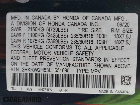 2020 Honda CR-V EX with VIN 2HKRW2H53LH651695, listed as a IAAI auction lot 41685683 with 86,582 mi miles. Bid and sale history available at carsss.com. Image 9.
