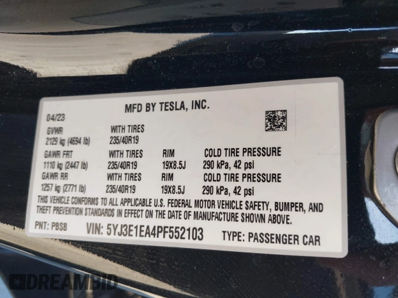 2023 Tesla Model 3 z VIN 5YJ3E1EA4PF552103, wystawiony jako IAAI lot #40782218 z przebiegiem 20 997 mil mil oraz . Historia ofert i sprzedaży dostępna na DreamBid. Obrazek 9.
