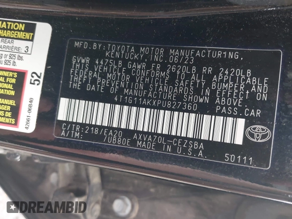 2023 Toyota Camry SE with VIN 4T1G11AKXPU827360, listed as a IAAI auction lot 42217356 with 57,497 mi miles and . Bid and sale history available at DreamBid. Image 9.
