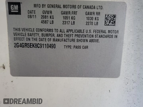 2012 Buick Regal with VIN 2G4GR5EK8C9110490, listed as a Copart auction lot 65375225 with 88,771 mi miles and Clean title. Bid and sale history available at DreamBid. Image 12.