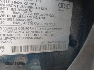 2019 Audi Q7 Premium Plus with VIN WA1LHAF73KD022189, listed as a IAAI auction lot 40798608 with 58,587 mi miles and . Bid and sale history available at DreamBid. Image 9.