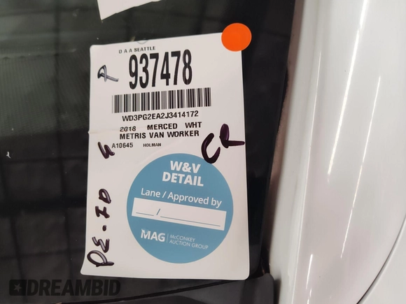 2018 Mercedes-Benz Metris Cargo with VIN WD3PG2EA2J3414172, listed as a IAAI auction lot 42689332 with 123,062 mi miles and . Bid and sale history available at DreamBid. Image 1.