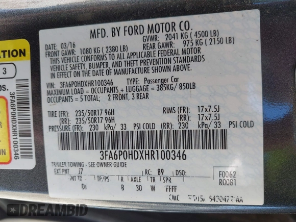 2017 Ford Fusion SE with VIN 3FA6P0HDXHR100346, listed as a IAAI auction lot 41895097 with 89,240 mi miles. Bid and sale history available at carsss.com. Image 9.