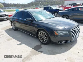 2012 Audi A8 L with VIN WAURVAFD5CN038949, listed as a IAAI auction lot 41914575 with 85,634 mi miles. Bid and sale history available at carsss.com. Image 1.