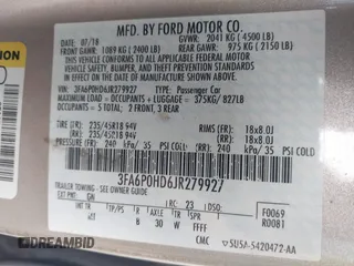 2018 Ford Fusion SE z VIN 3FA6P0HD6JR279927, wystawiony jako IAAI lot #42430172 z przebiegiem 145 080 mil mil oraz . Historia ofert i sprzedaży dostępna na DreamBid. Obrazek 9.