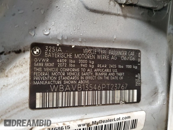 2006 BMW 3 Series 325i with VIN WBAVB13546PT23767, listed as a Copart auction lot 71352944 with 144,778 mi miles and Salvage Title. Bid and sale history available at carsss.com. Image 12.