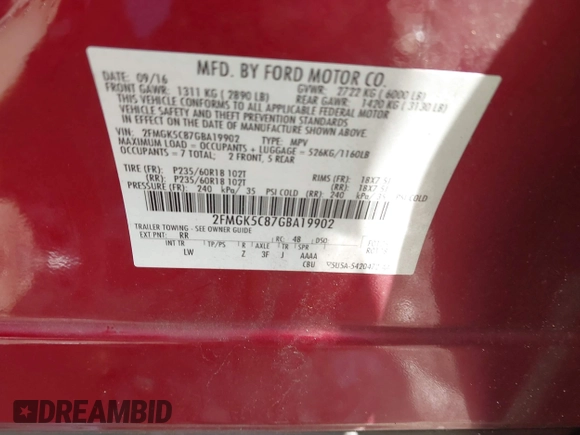 2016 Ford Flex SEL z VIN 2FMGK5C87GBA19902, wystawiony jako IAAI lot #42270902 z przebiegiem 111 862 mil mil oraz . Historia ofert i sprzedaży dostępna na DreamBid. Obrazek 9.