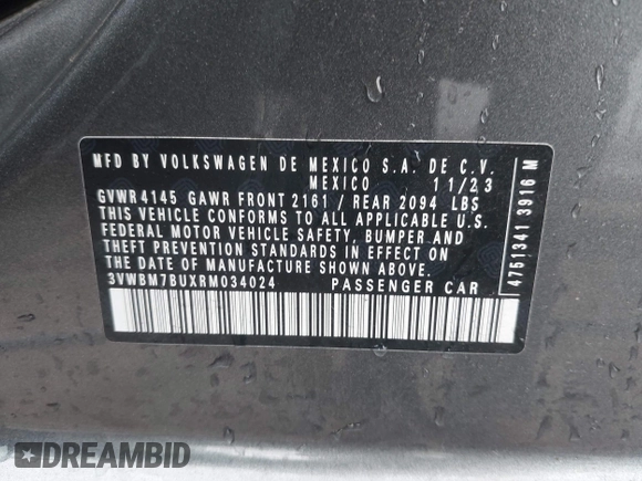 2024 Volkswagen Jetta Sport z VIN 3VWBM7BUXRM034024, wystawiony jako IAAI lot #42242892 z przebiegiem 7 996 mil mil oraz . Historia ofert i sprzedaży dostępna na DreamBid. Obrazek 9.