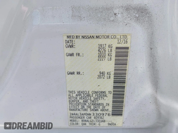 2017 Nissan Altima SR with VIN 1N4AL3AP0HN330976, listed as a IAAI auction lot 42378743 with 36,959 mi miles and . Bid and sale history available at DreamBid. Image 9.