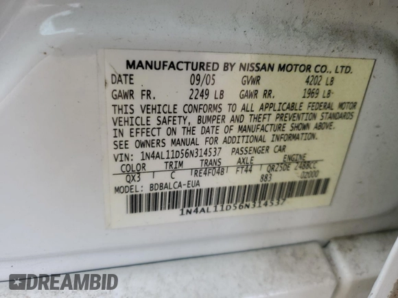 2006 Nissan Altima 2.5 S with VIN 1N4AL11D56N314537, listed as a Copart auction lot 49445495 with 137,424 mi miles and Salvage Title. Bid and sale history available at carsss.com. Image 13.
