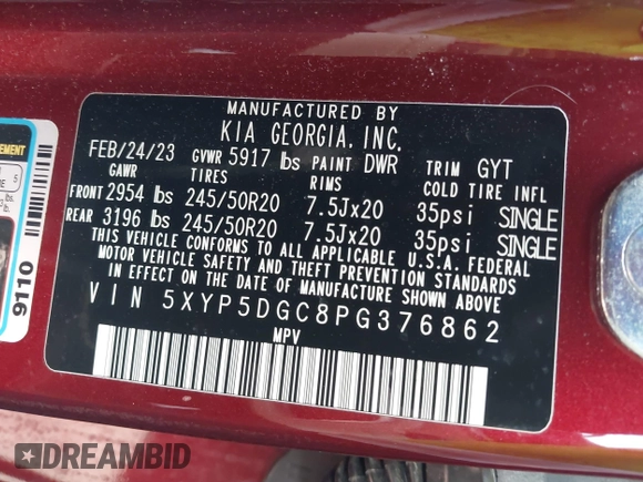 2023 Kia Telluride SX X-Pro with VIN 5XYP5DGC8PG376862, listed as a IAAI auction lot 42481710 with 17,517 mi miles and . Bid and sale history available at DreamBid. Image 9.