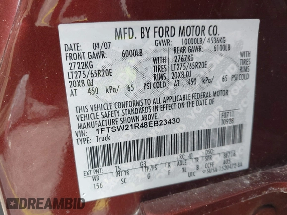 2008 Ford F-250 XL with VIN 1FTSW21R48EB23430, listed as a IAAI auction lot 42681136 with 157,526 mi miles and . Bid and sale history available at DreamBid. Image 9.
