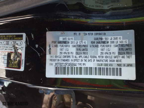 2015 Mazda CX-9 Touring with VIN JM3TB2CV2F0458844, listed as a IAAI auction lot 41852818 with 169,089 mi miles. Bid and sale history available at carsss.com. Image 9.