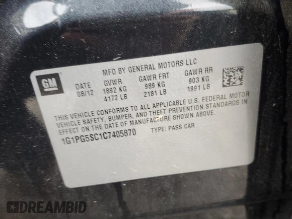 2012 Chevrolet Cruze 2LT with VIN 1G1PG5SC1C7405870, listed as a Copart auction lot 51646525 with 120,823 mi miles and Salvage Title. Bid and sale history available at DreamBid. Image 14.