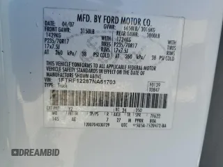 2007 Ford F-150 XL with VIN 1FTRF12287NA61703, listed as a Copart auction lot 47027105 with Not provided miles and Salvage title. Bid and sale history available at DreamBid. Image 14.