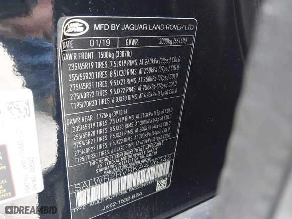 2019 Land Rover Range Rover Sport HSE with VIN SALWR2RV8KA426342, listed as a IAAI auction lot 41451054 with 57,659 mi miles. Bid and sale history available at carsss.com. Image 9.